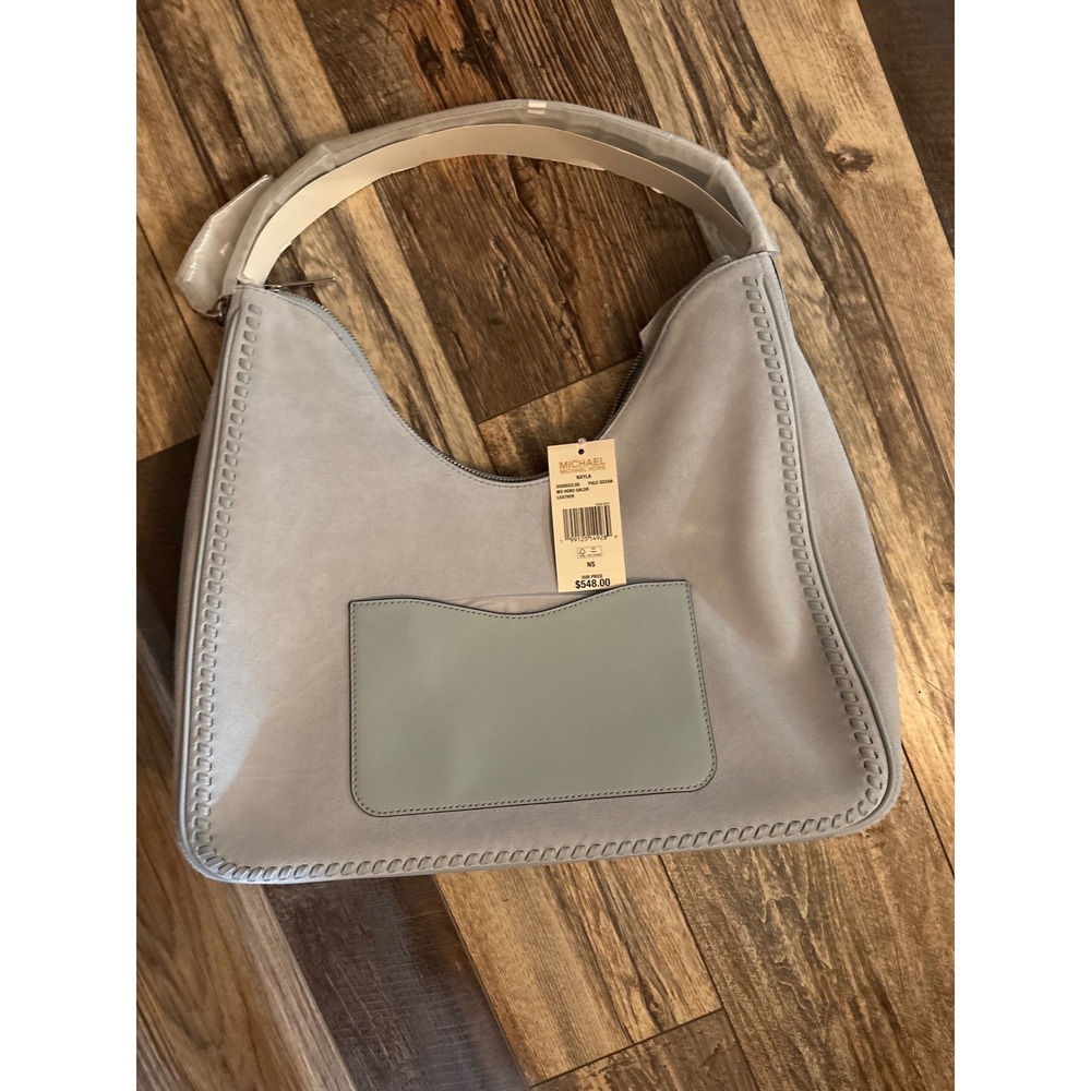 Michael Kors Nayla Medium Hobo Bag Pale Ocean Blue Suede Leather Whipstitch NEW - Picture 4 of 5